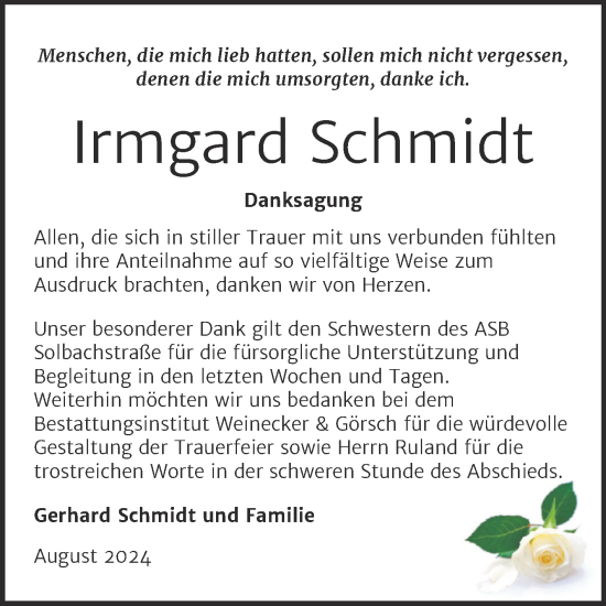 Traueranzeige von Irmgard Schmidt von Trauerkombi Bernburg