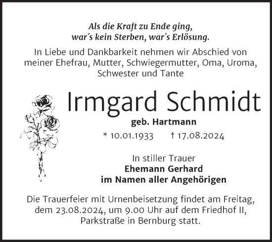 Traueranzeige von Irmgard Schmidt von Mitteldeutsche Zeitung Bernburg