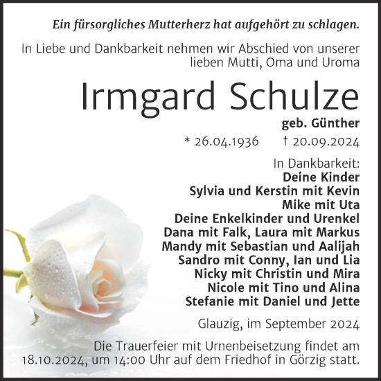 Traueranzeige von Irmgard Schulze von Trauerkombi Köthen
