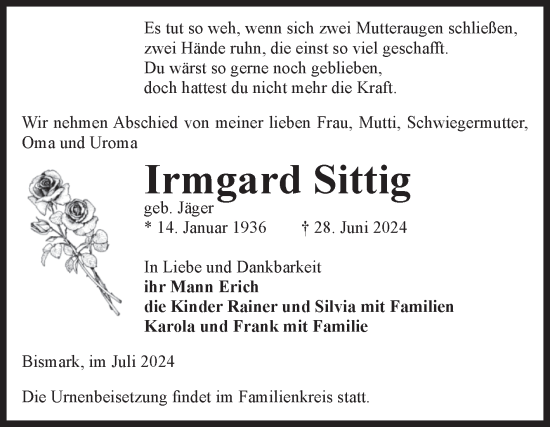 Traueranzeige von Irmgard Sittig von Volksstimme Altmark Ost