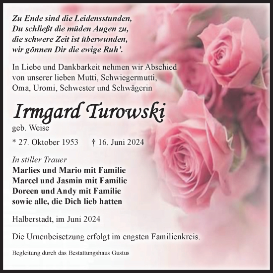 Traueranzeige von Irmgard Turowski von Volksstimme Halberstadt