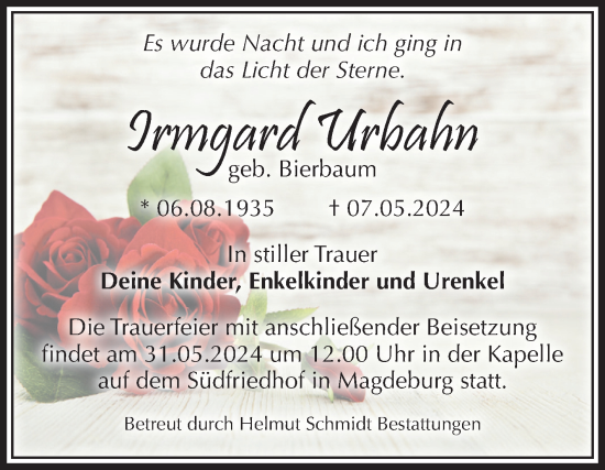 Traueranzeige von Irmgard Urbahn von Volksstimme Magdeburg