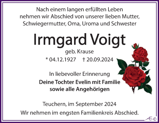 Traueranzeige von Irmgard Voigt von Trauerkombi Weißenfels