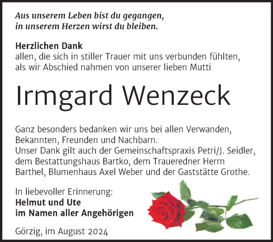 Traueranzeige von Irmgard Wenzeck von Trauerkombi Köthen