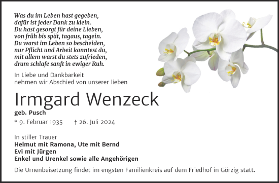 Traueranzeige von Irmgard Wenzeck von Trauerkombi Köthen