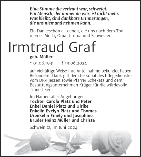 Traueranzeige von Irmtraud Graf von Trauerkombi Wittenberg