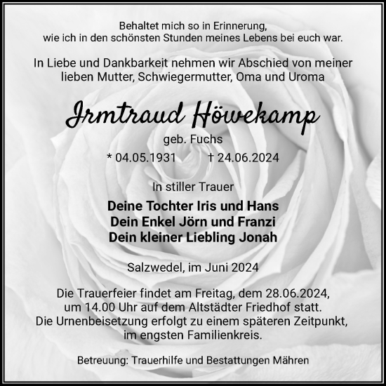 Traueranzeige von Irmtraud Höwekamp von Volksstimme Altmark West