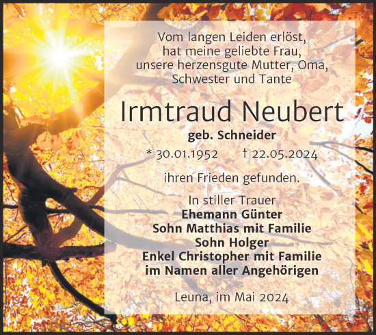Traueranzeige von Irmtraud Neubert von Trauerkombi Merseburg