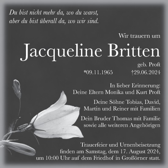 Traueranzeige von Jacqueline Britten von Trauerkombi Mansfelder Land