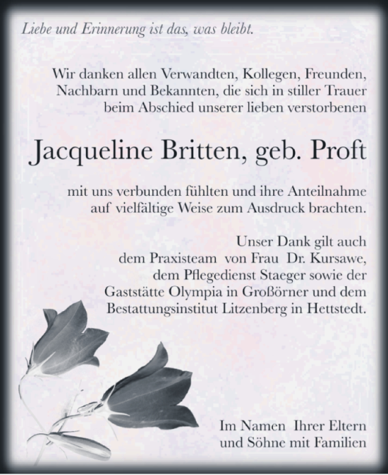 Traueranzeige von Jacqueline Britten von Trauerkombi Mansfelder Land