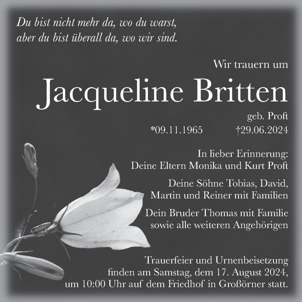  Traueranzeige für Jacqueline Britten vom 30.07.2024 aus Trauerkombi Mansfelder Land