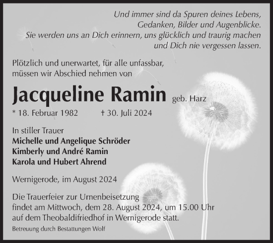 Traueranzeige von Jacqueline Ramin von Volksstimme Wernigerode