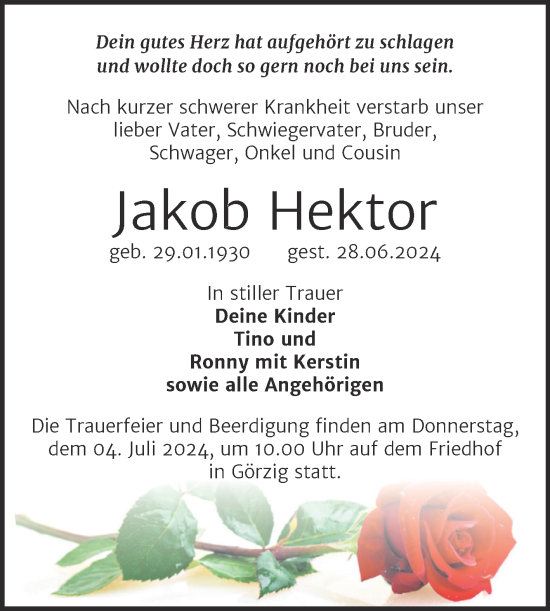 Traueranzeige von Jakob Hektor von Mitteldeutsche Zeitung Köthen