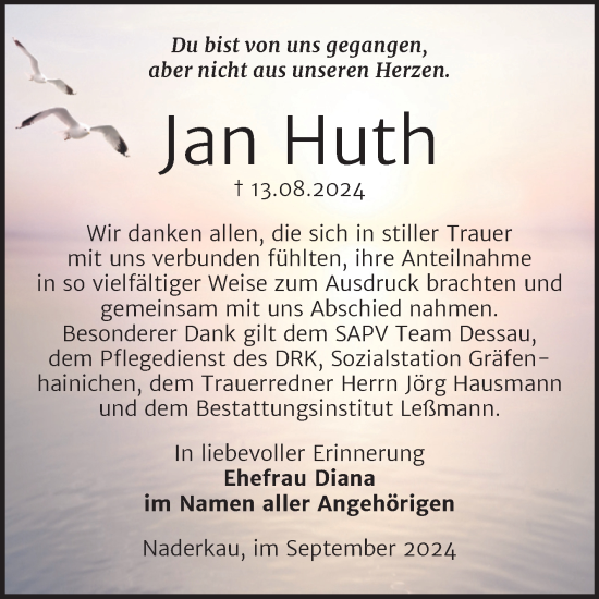 Traueranzeige von Jan Huth von Trauerkombi Wittenberg