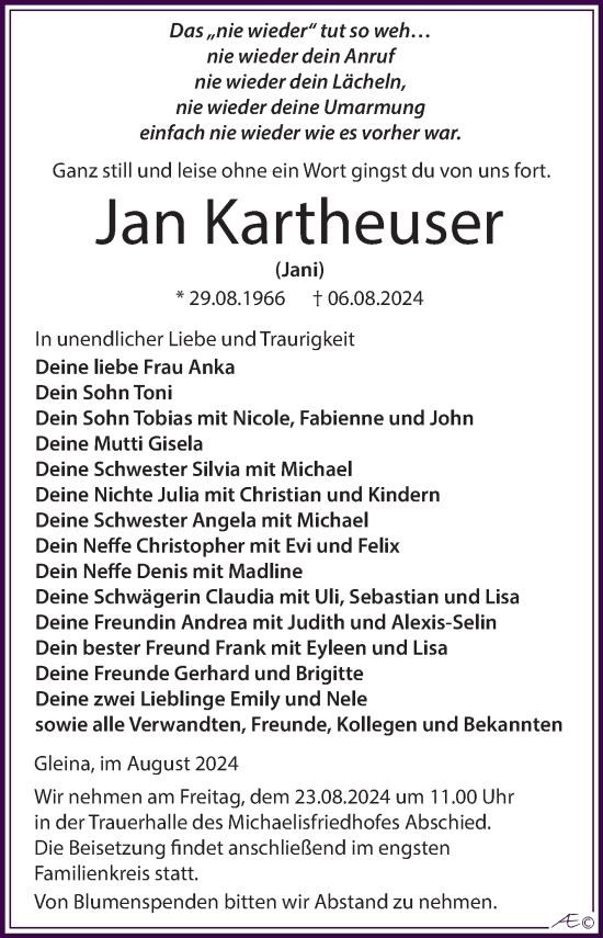Traueranzeige von Jan Kartheuser von Trauerkombi Zeitz