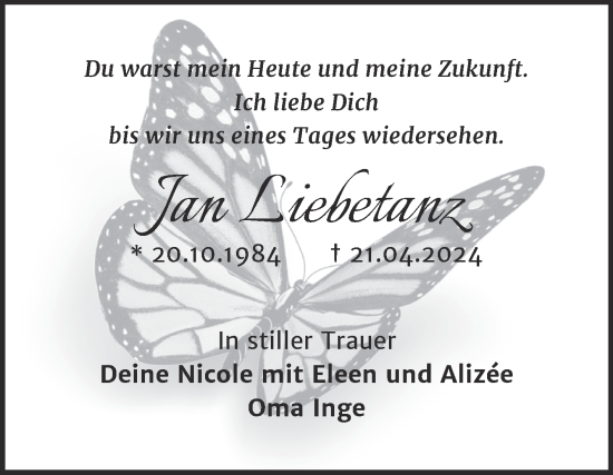 Traueranzeige von Jan Liebetanz von Trauerkombi Bitterfeld