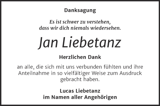 Traueranzeige von Jan Liebetanz von Trauerkombi Bitterfeld