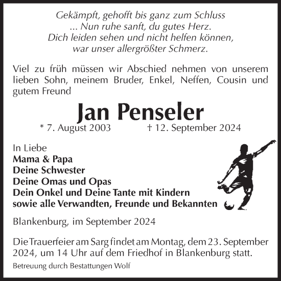 Traueranzeige von Jan Penseler von Volksstimme Wernigerode