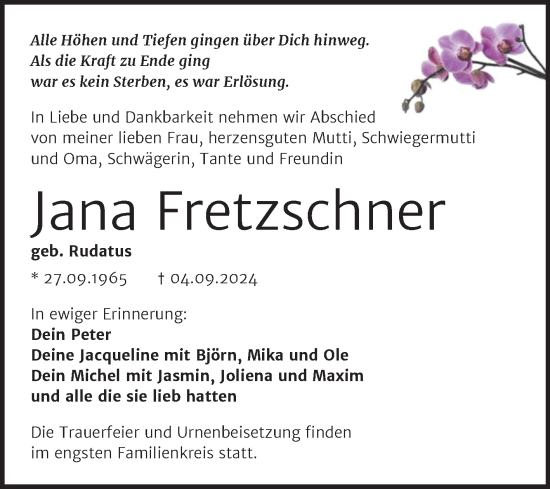 Traueranzeige von Jana Fretzschner von Trauerkombi Mansfelder Land