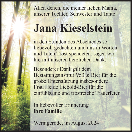 Traueranzeige von Jana Kieselstein von Volksstimme Wernigerode
