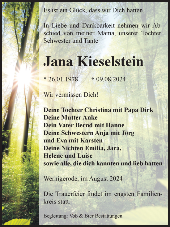 Traueranzeige von Jana Kieselstein von Volksstimme Wernigerode