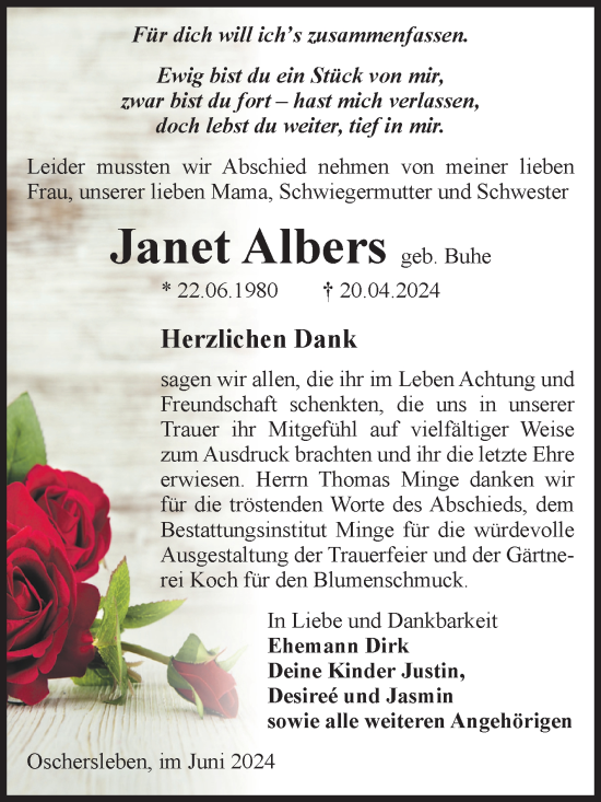 Traueranzeige von Janet Albers von Volksstimme Oschersleben/Wanzleben