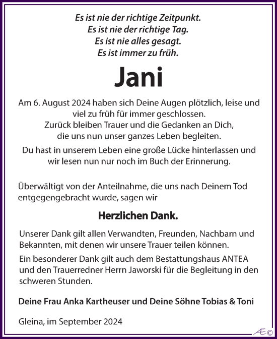 Traueranzeige von Jani  von Trauerkombi Zeitz
