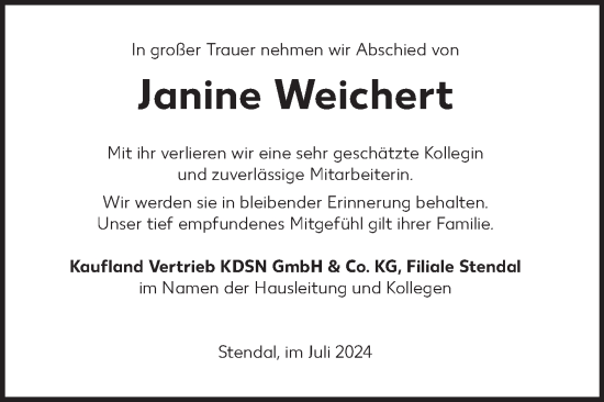 Traueranzeige von Janine Weichert von Volksstimme Altmark Ost