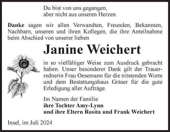 Traueranzeige von Janine Weichert von Volksstimme Altmark Ost