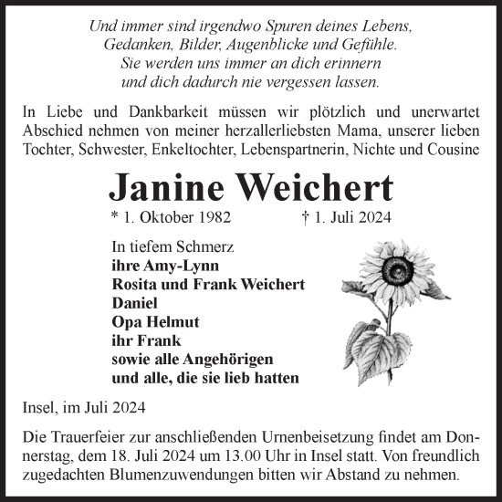 Traueranzeige von Janine Weichert von Volksstimme Altmark Ost