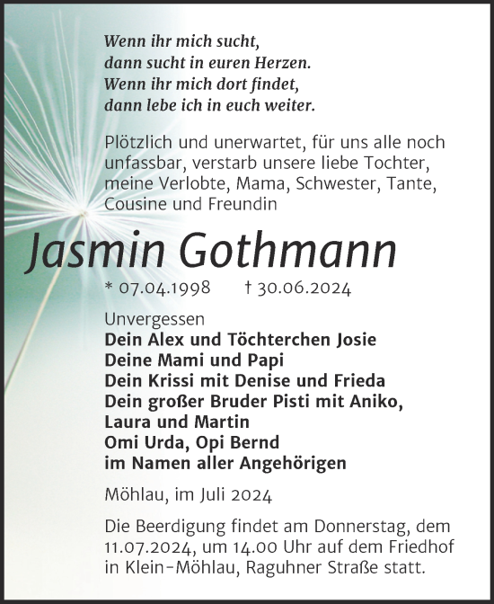 Traueranzeige von Jasmin Gothmann 