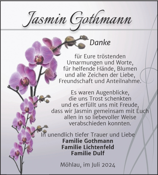 Traueranzeige von Jasmin Gothmann von Trauerkombi Wittenberg