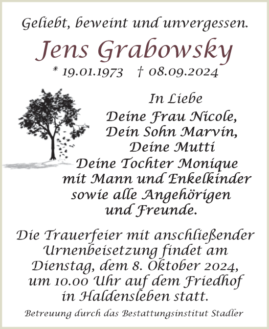 Traueranzeige von Jens Grabowsky von Volksstimme Haldensleben/Wolmirstedt