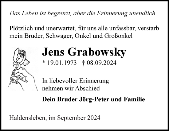 Traueranzeige von Jens Grabowsky von Volksstimme Haldensleben/Wolmirstedt