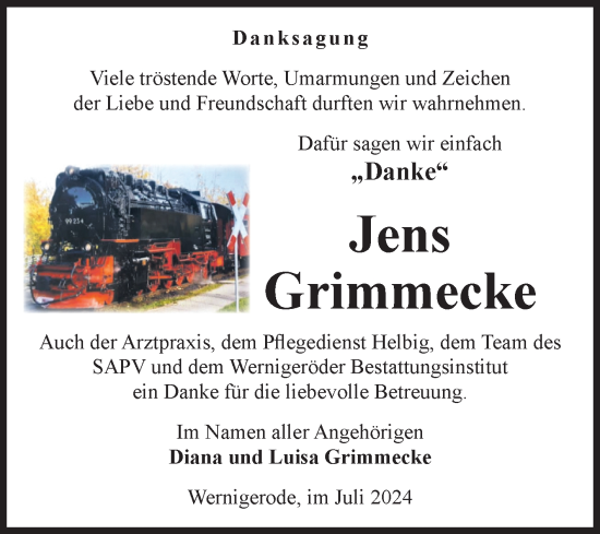 Traueranzeige von Jens Grimmecke von Volksstimme Wernigerode