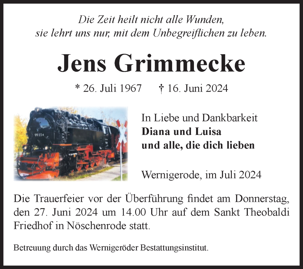  Traueranzeige für Jens Grimmecke vom 22.06.2024 aus Volksstimme Wernigerode