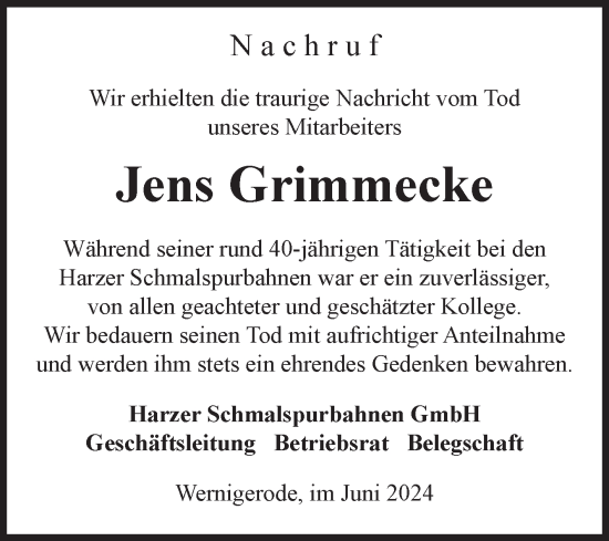 Traueranzeige von Jens Grimmecke von Volksstimme Wernigerode