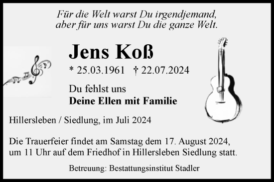 Traueranzeige von Jens Koß von Volksstimme Haldensleben/Wolmirstedt