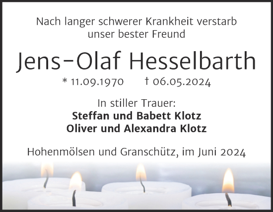 Traueranzeige von Jens-Olaf Hesselbarth von Trauerkombi Weißenfels