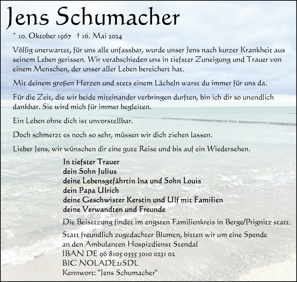  Traueranzeige für Jens Schumacher vom 25.05.2024 aus Volksstimme Altmark Ost
