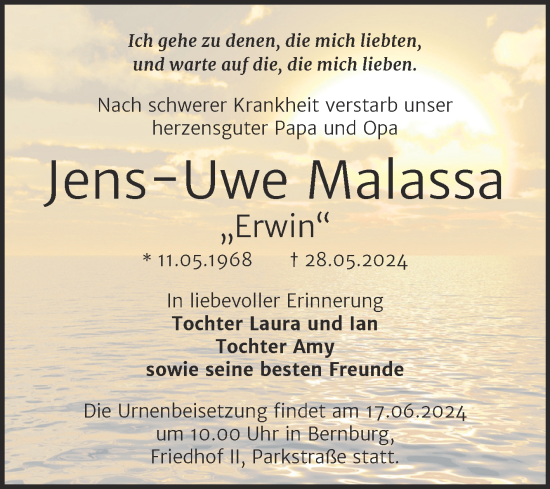 Traueranzeige von Jens-Uwe Malassa von Trauerkombi Bernburg