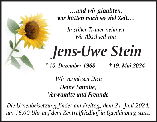 Traueranzeige von Jens-Uwe Stein von Trauerkombi Quedlinburg