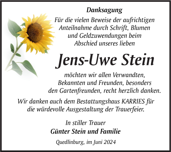 Traueranzeige von Jens-Uwe Stein von Trauerkombi Quedlinburg