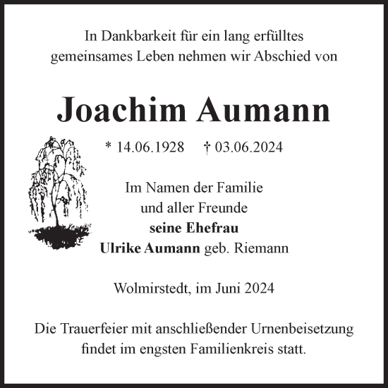 Traueranzeige von Joachim Aumann von Volksstimme Haldensleben/Wolmirstedt