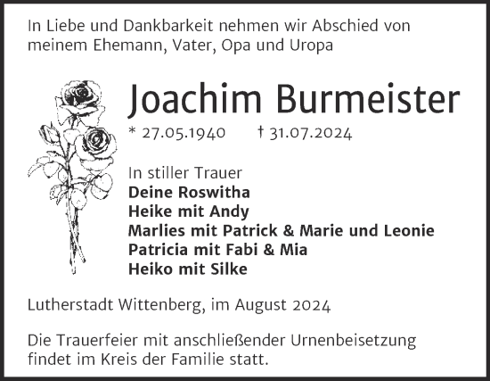 Traueranzeige von Joachim Burmeister von Trauerkombi Wittenberg