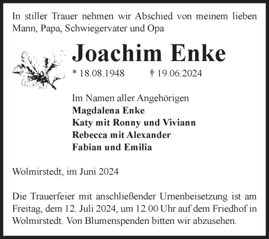 Traueranzeige von Joachim Enke von Volksstimme Haldensleben/Wolmirstedt