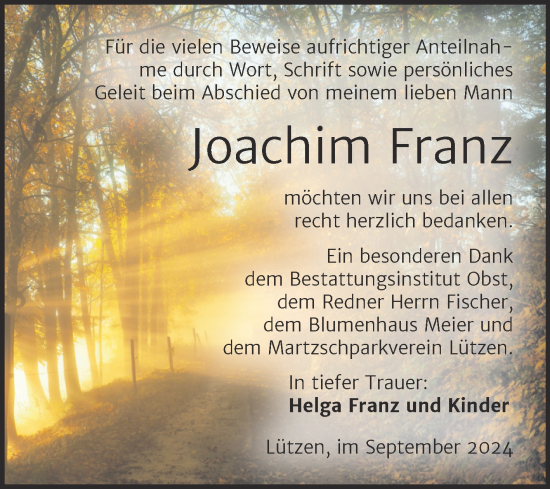 Traueranzeige von Joachim Franz von Trauerkombi Weißenfels