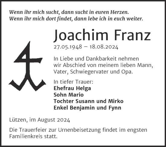 Traueranzeige von Joachim Franz von Trauerkombi Weißenfels