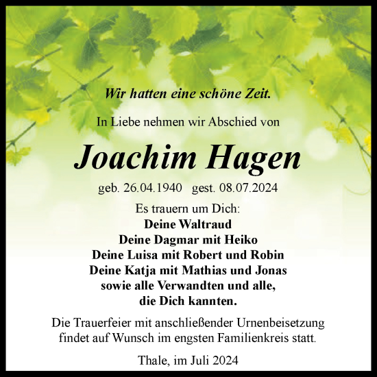 Traueranzeige von Joachim Hagen von Trauerkombi Quedlinburg