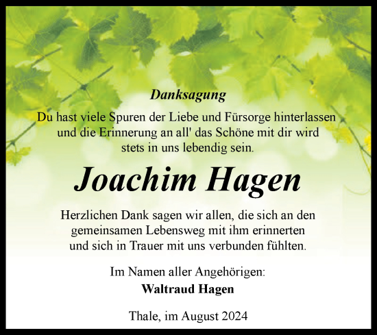 Traueranzeige von Joachim Hagen von Trauerkombi Quedlinburg